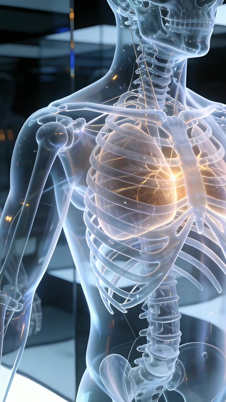 Video verticale: Panoramica di un torso trasparente che ruota, rivelando un cuore e delle costole illuminati per un'esposizione in galleria.