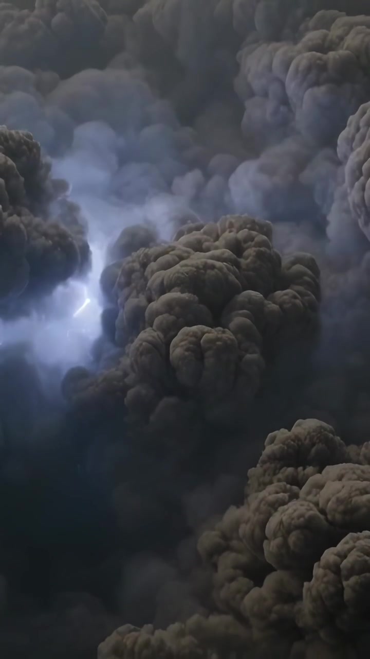 Video verticale: Fulmini lampeggianti, dense nubi di cenere che si alzano e si muovono in una tempesta, mostrando bagliori blu