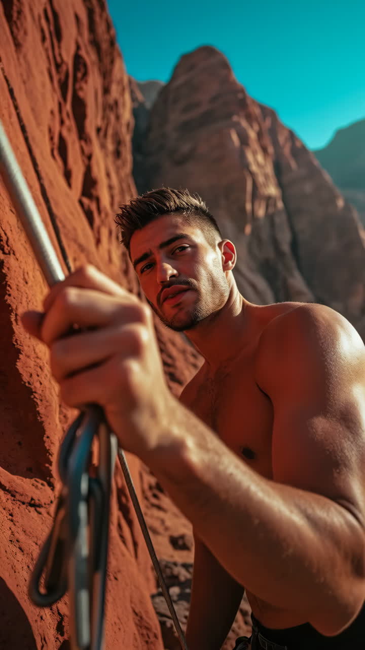 Determined Man Rock Climbing on a Red Rock Face