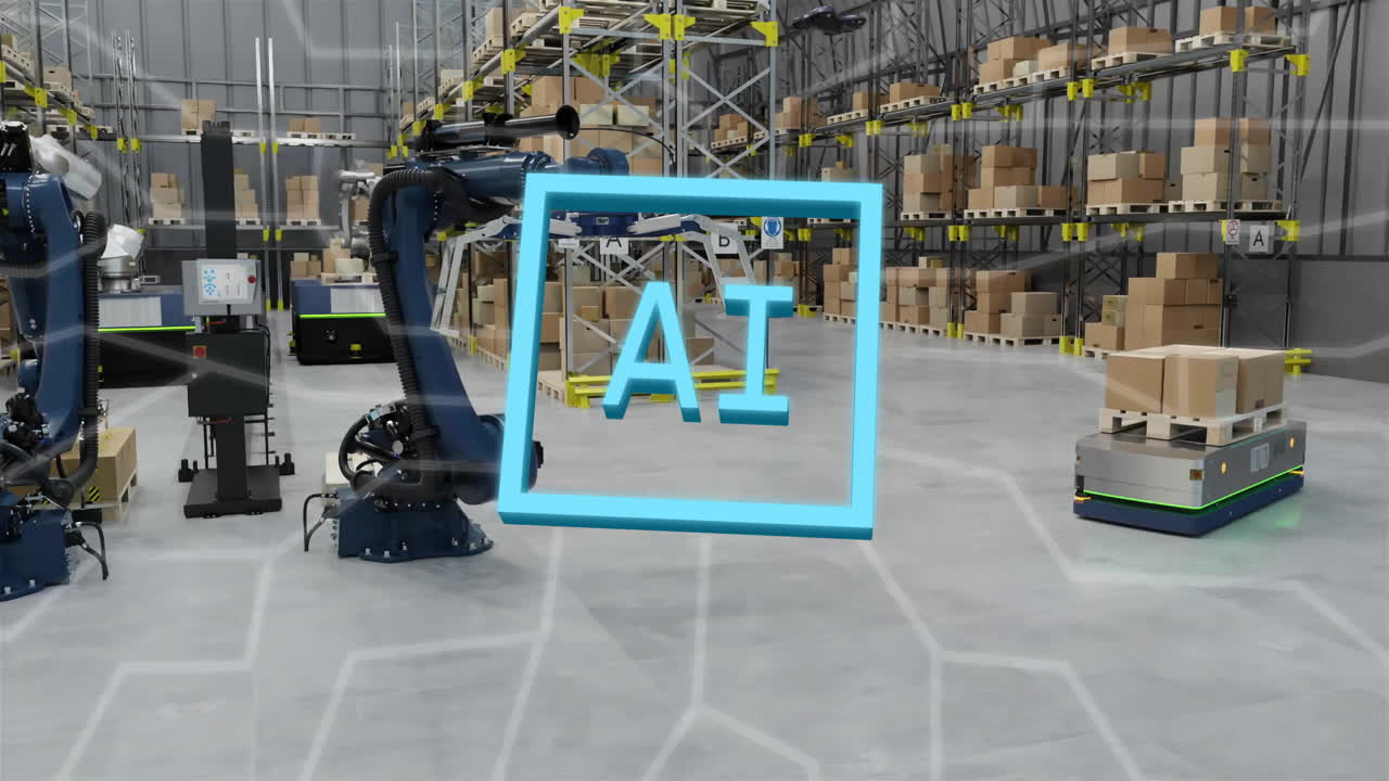 Testo AI su robot automatizzati e nastri trasportatori in magazzino