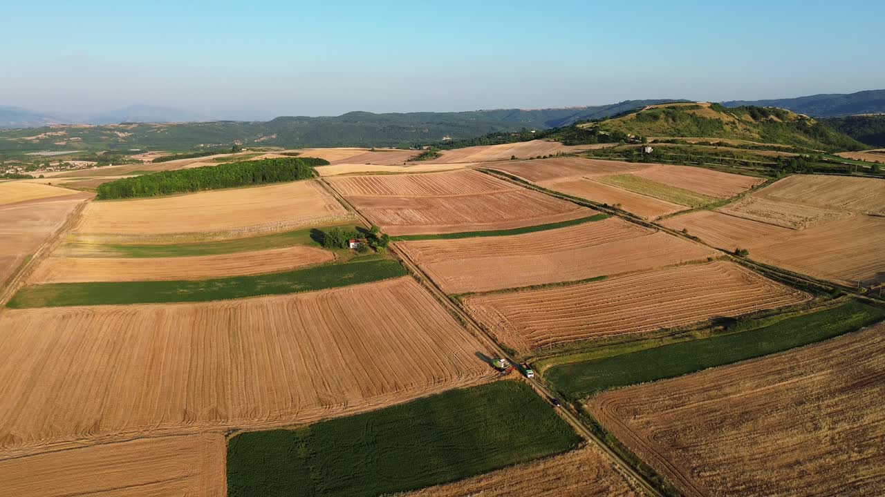 Golden hay field ready for harvest agriculture rural aerial drone landscape Greec