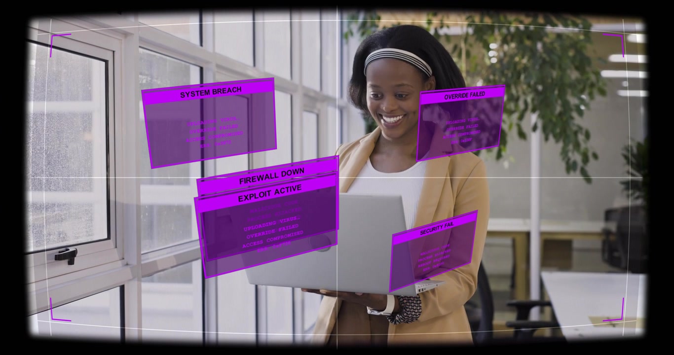 Woman holding laptop by windows viewing purple UI alerts appearing over laptop probing IT breach