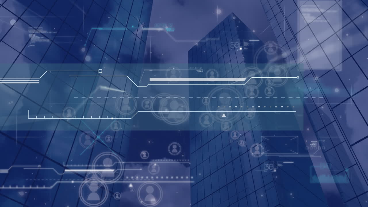 Animation of data processing and icons over cityscape