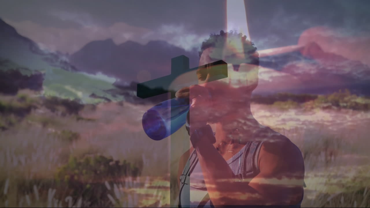 Man drinking from water bottle in health marketing, showcasing semi-transparent cross overlay