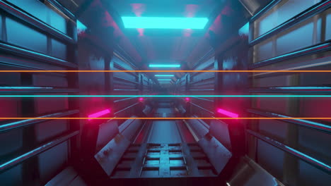 neon lights illuminating futuristic corridor with reflective metallic surfaces in animation