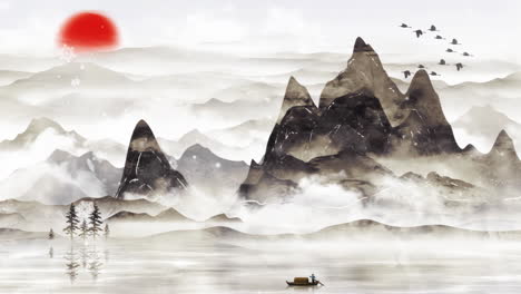 serene chinese ink wash landscape with misty mountains, red sun, and boater