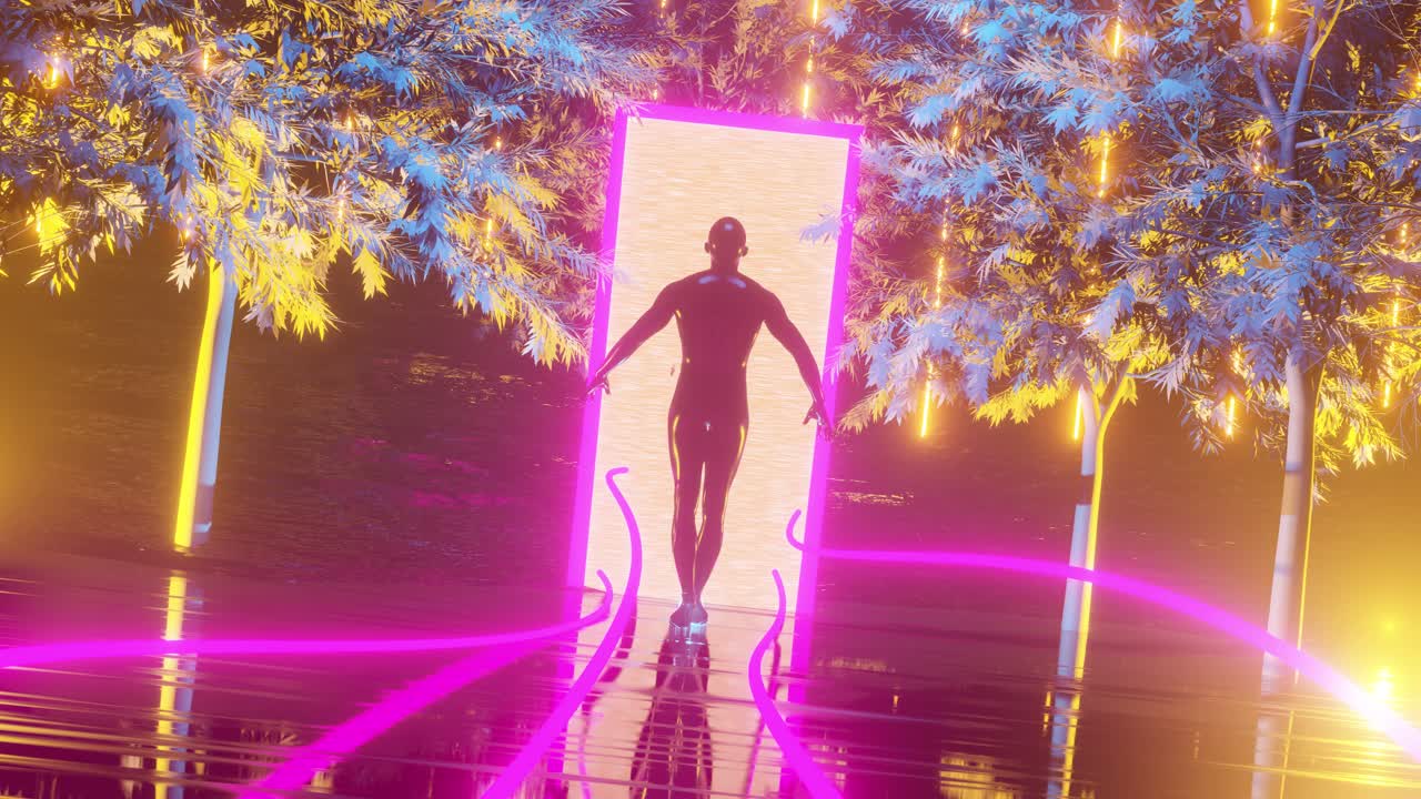 Neon Portal Through a Bamboo Forest