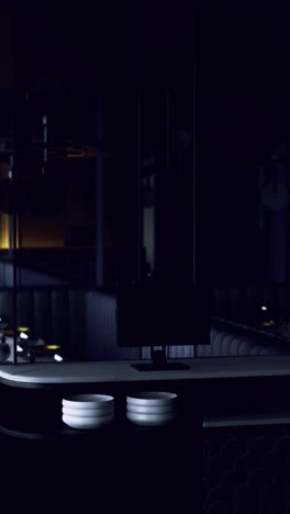elegant dimly lit restaurant interior with stylish decor and seating