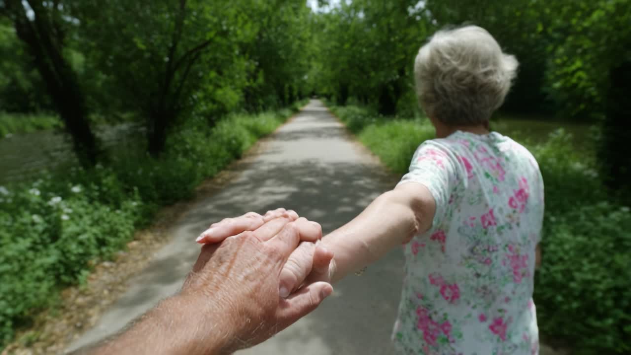 A Cherished Moment: Two People Walking Hand in Hand Along a Serene Pathway Surrounded by Lush Greenery and the Gentle Flow of Water