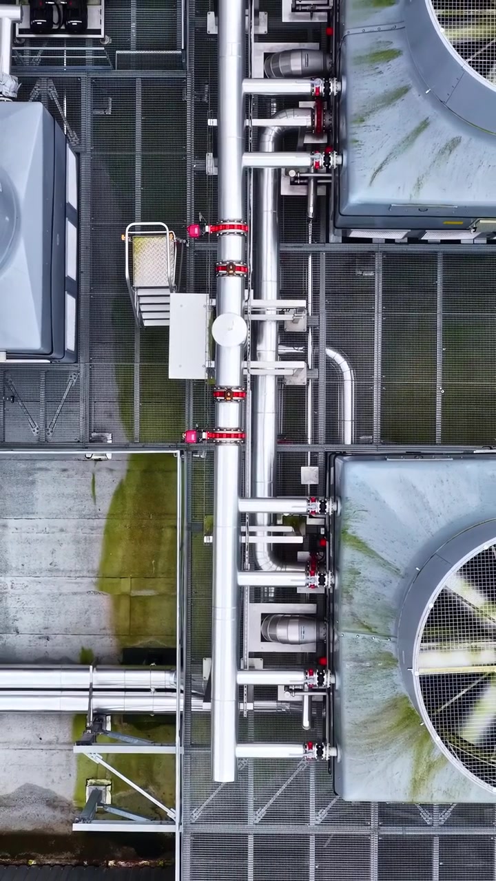 Modern industrial hvac and conditioning system on a rooftop in vertical top down view