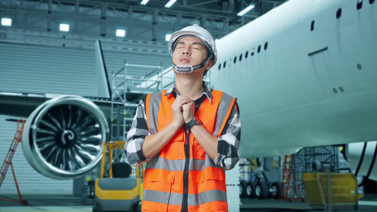 ingegnere aereo preoccupato in un hangar di manutenzione