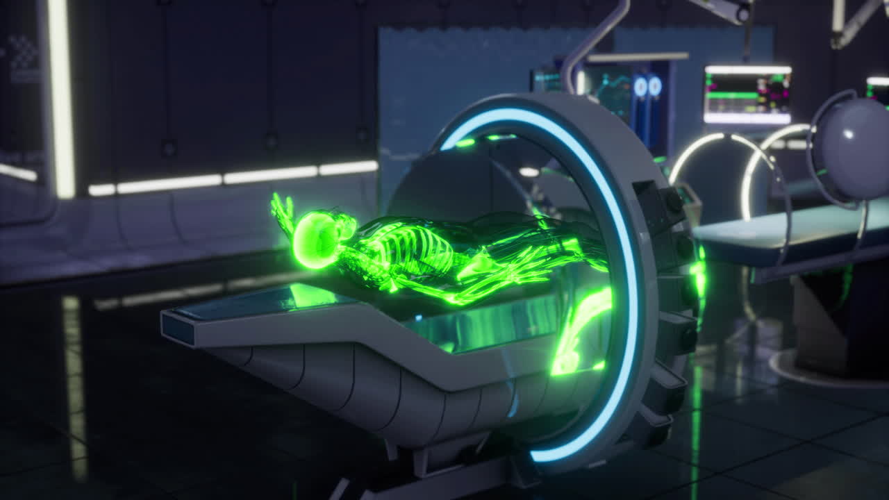 Futuristic medical lab with glowing human skeleton on examination table