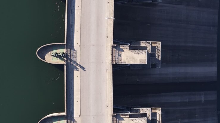 Aerial view of dam with zoom lens