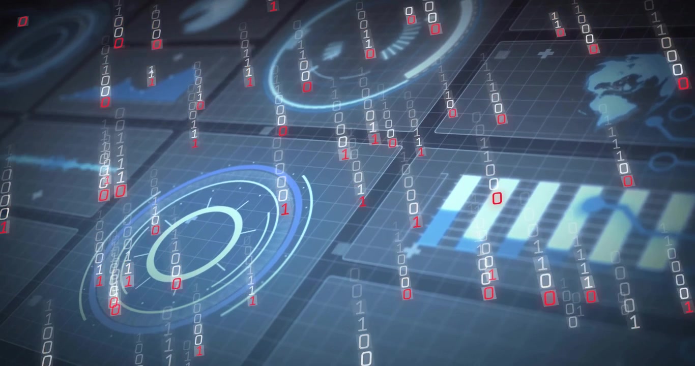 Blue glow activating holographic dashboard panels and binary code cascading visualizing data