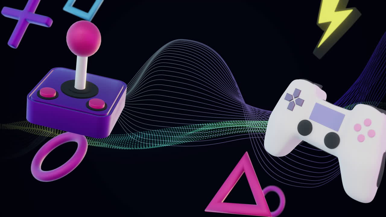 Retro joystick and modern game controller with abstract shapes and lines, animation
