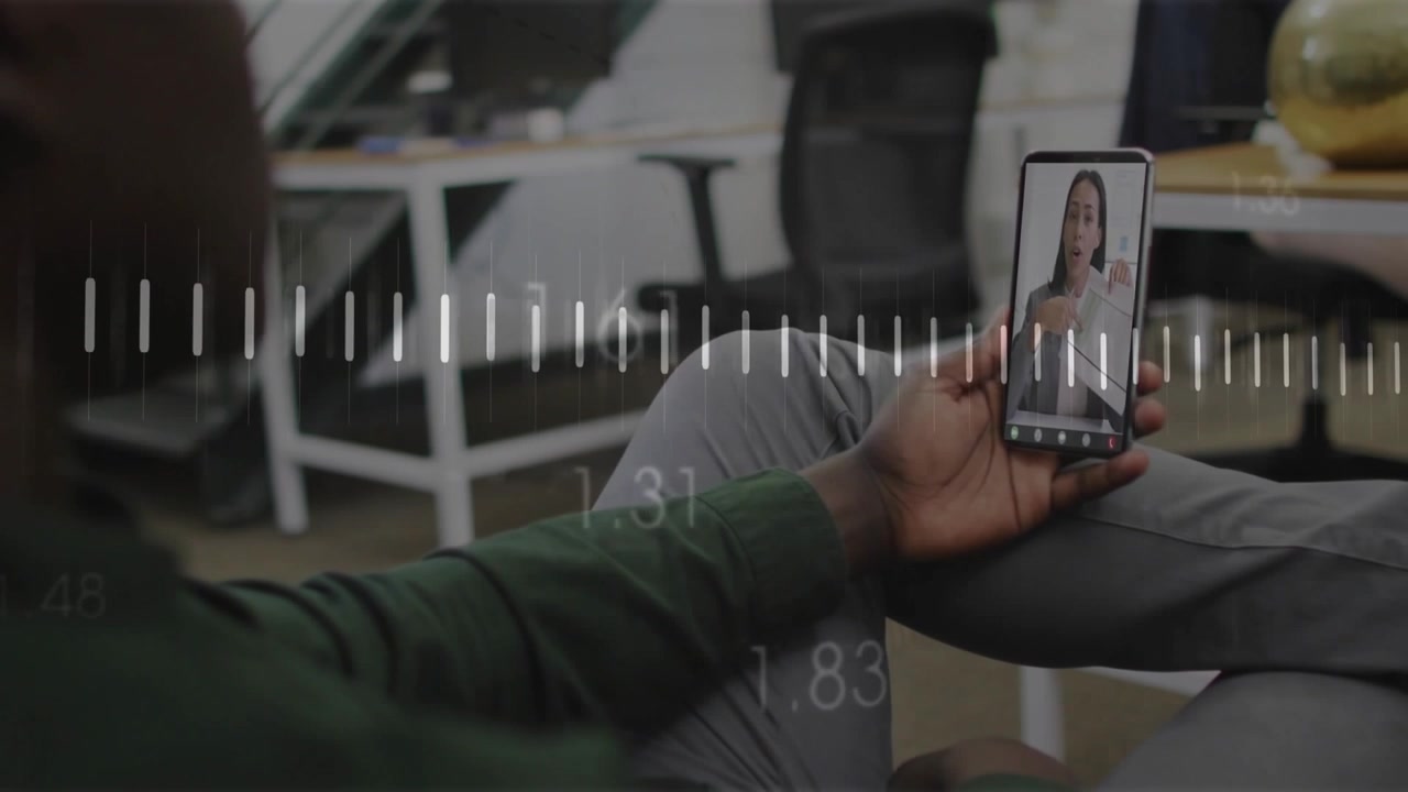Incoming call starting phone, man viewing woman speaking while waveform syncing, tracking call