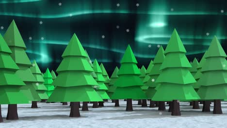 Animation-of-green-and-blue-aurora-borealis-lights-moving-over-fir-trees