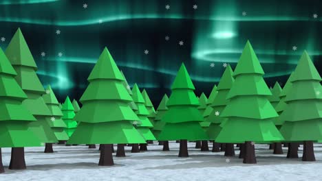 animation of green and blue aurora borealis lights moving over fir trees