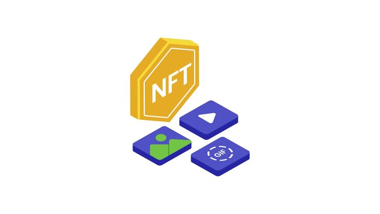 Isometrische animatie van NFT-token en digitale media-activa