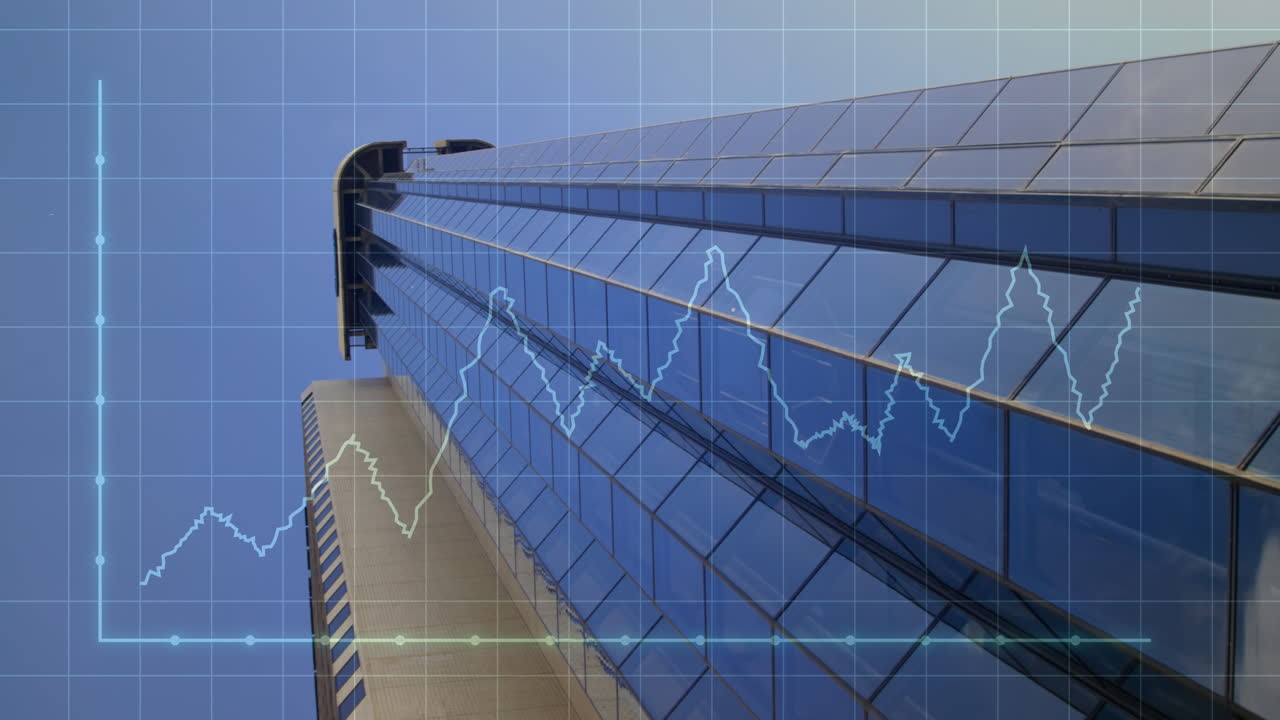 하늘에 대한 건물의 낮은 각도 뷰를 통해 그리드 패턴으로 조명 그래프의 애니메이션