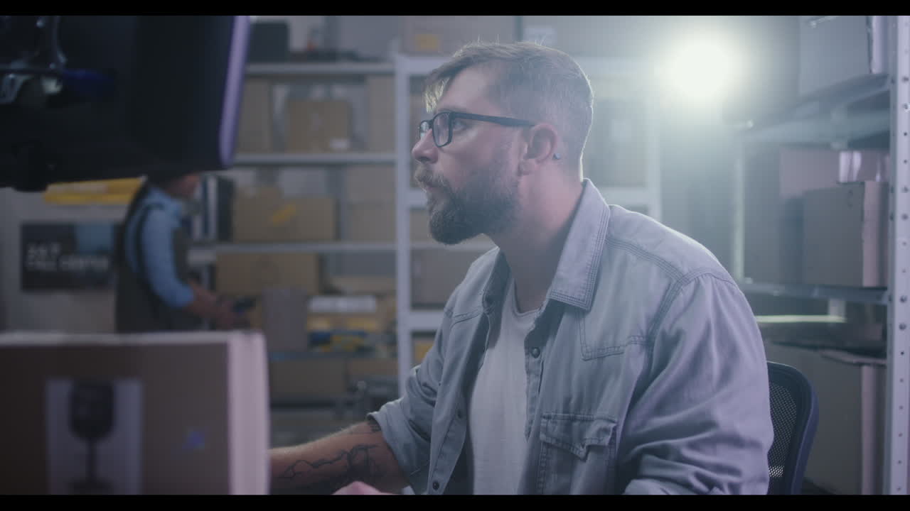 trabajador de almacén en la computadora