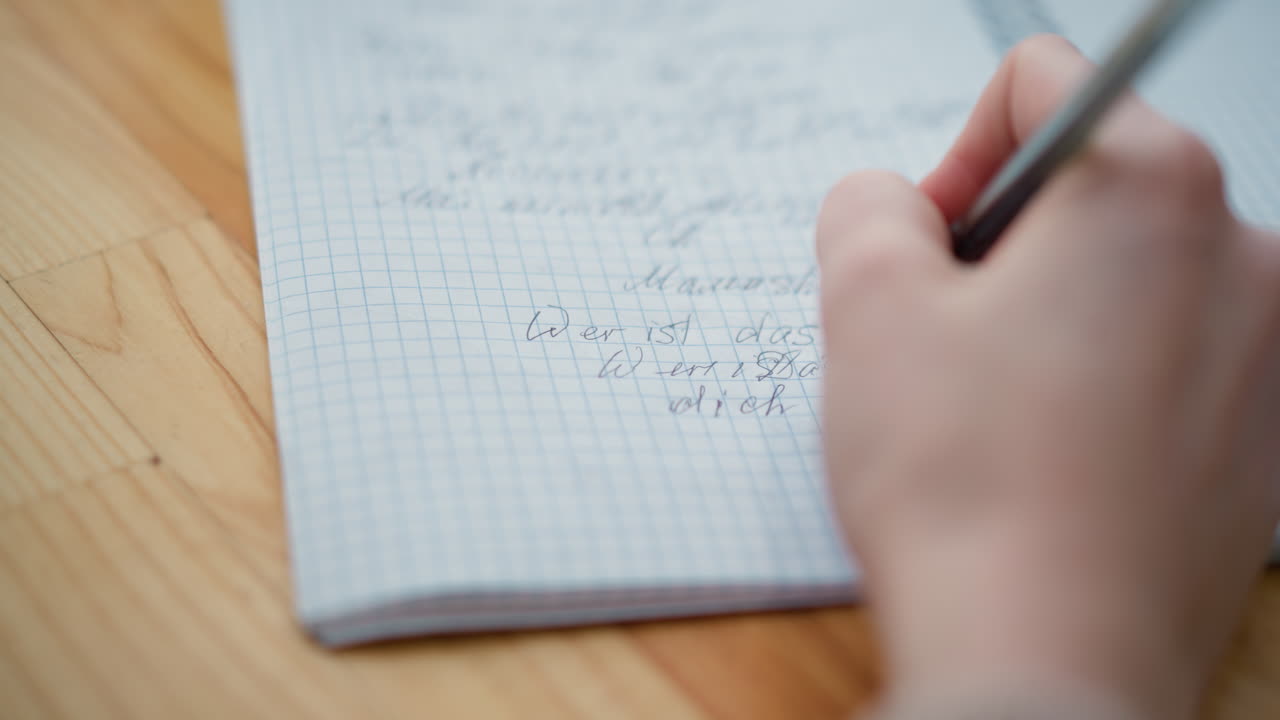 검은색 펜으로 나무 테이블에 글을 쓰는 사람의 가까운 손으로 보는 모습, 노트북에서 볼 수 있는 시브 필기, 부드러운 자연 조명과 흐릿한 배경으로 집중된 필기