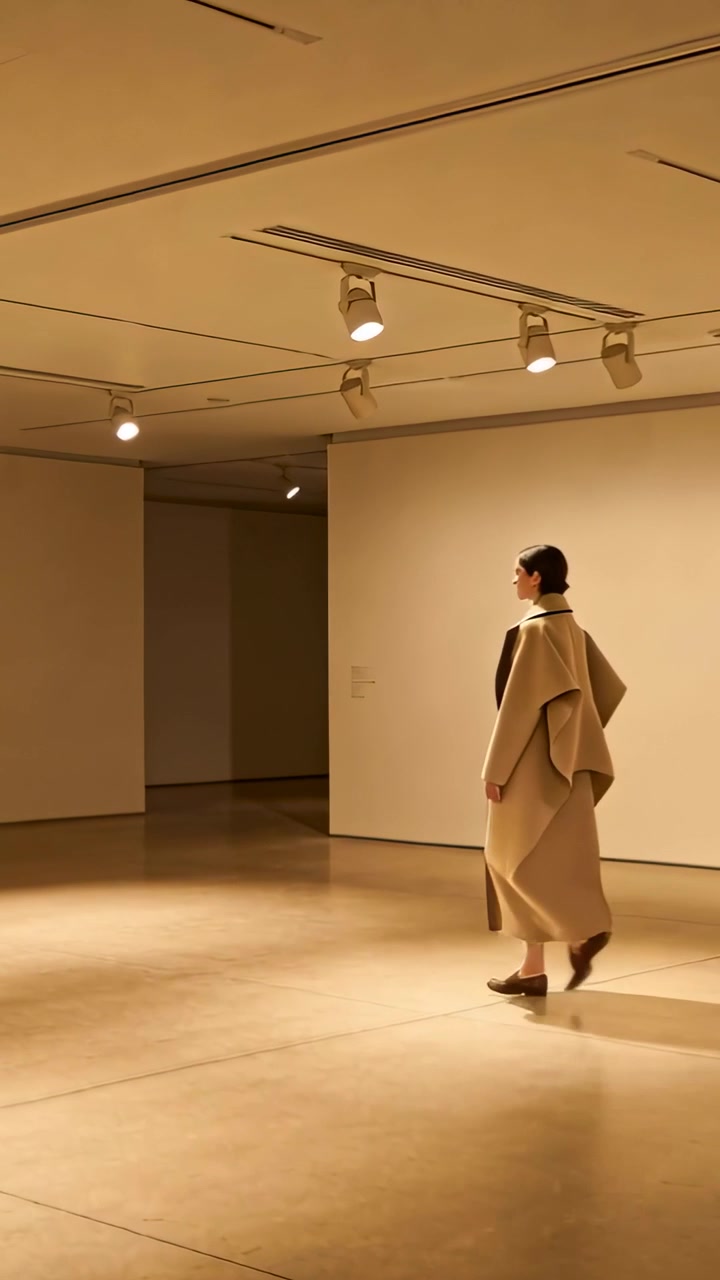 Vídeo vertical: Entrando pela direita, mulher com casaco bege caminhando pela galeria em direção à porta, espaço para texto