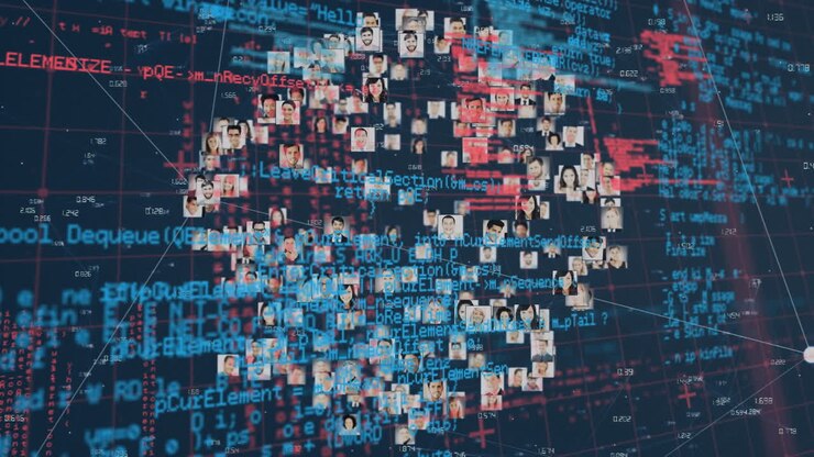Animation of data processing and networks of connections over grind