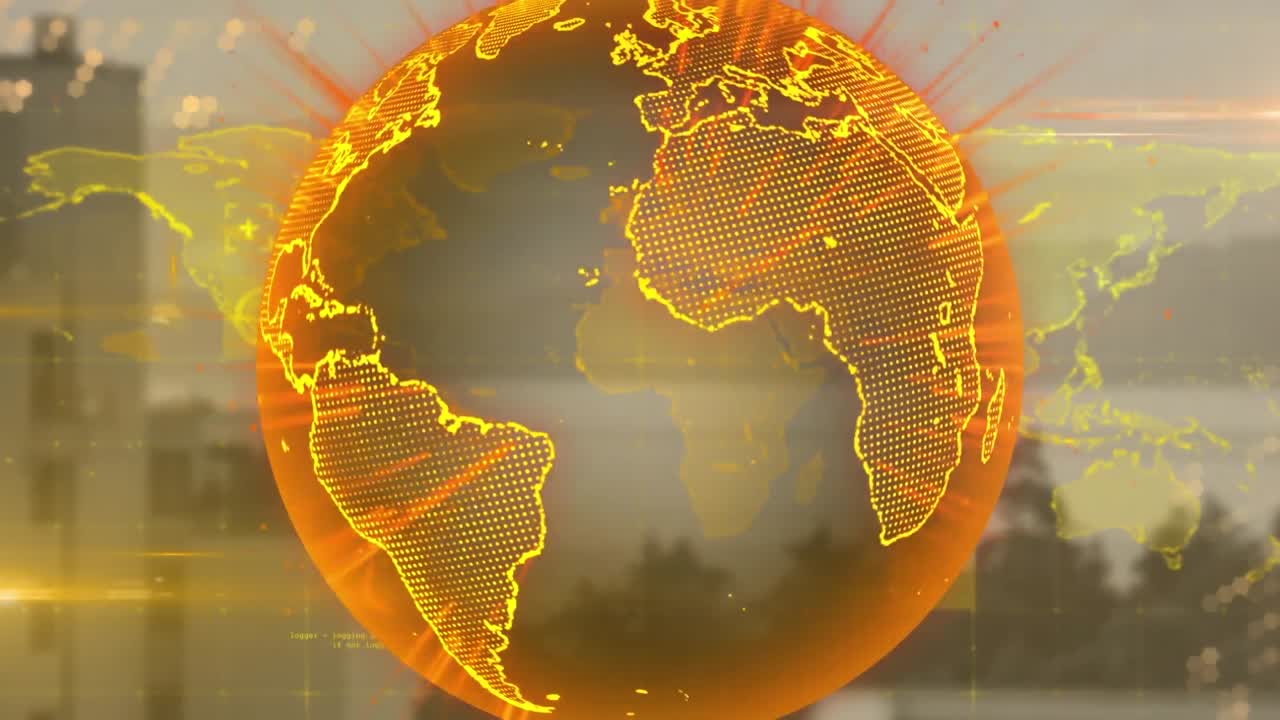 анимация глобуса с светящимися световыми тропами над городским пейзажем.