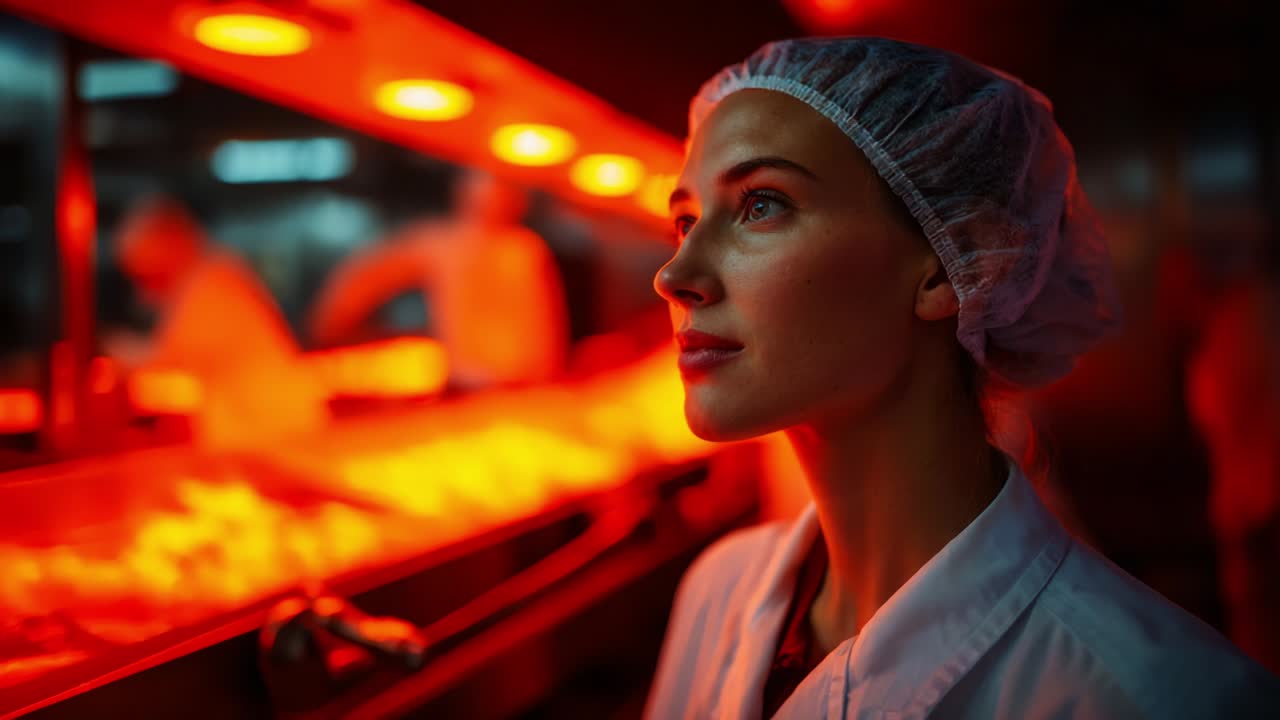 Un lavoratore attento in un ambiente di trasformazione alimentare immerso in una tenue illuminazione rossa, che mette in mostra l'impegno e la concentrazione necessari nel settore, evidenziando l'importanza dell'igiene e del controllo qualità