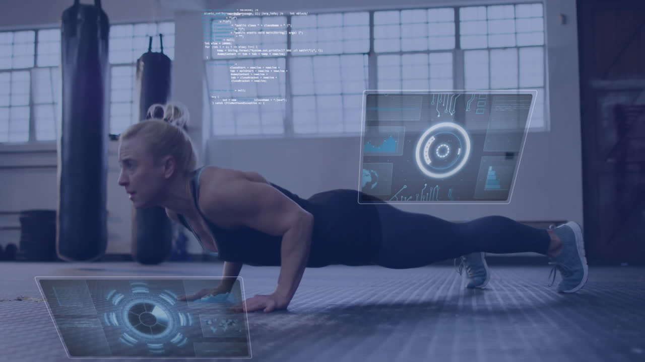 woman performing push-up on rubber mat in gym, displaying circular data charts and code streams