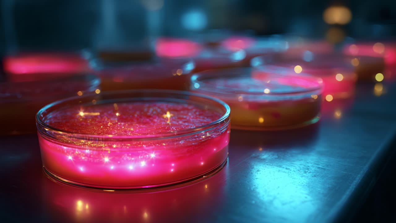 A Vibrant Display of Petri Dishes Glowing with Neon Colors: Examining the Intricate Patterns and Depth of Light Reflections in a Laboratory Setting