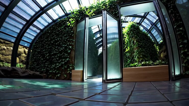 Interior de invernadero moderno con plantas exuberantes