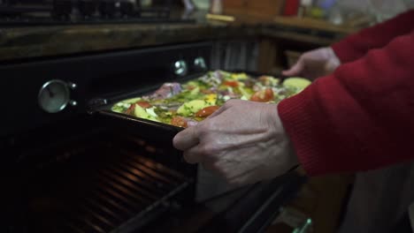 A-woman-put-a-roast-chicken-with-potatoes-in-the-traditional-oven-in-a-classic-kitchen-in-slow-motion