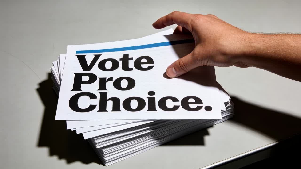 Vertical video: Hand entering frame grabbing Vote Pro Choice flyer on tabletop lifting showing text