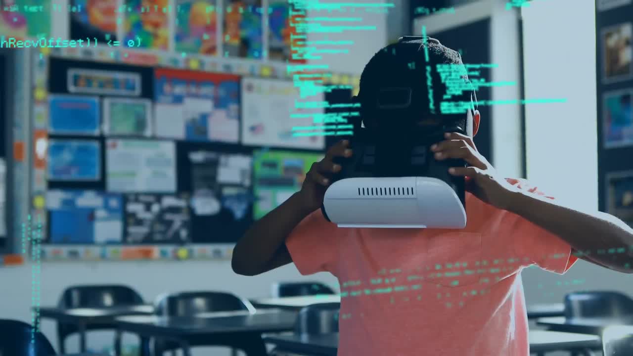Boy using virtual goggles inside a classroom