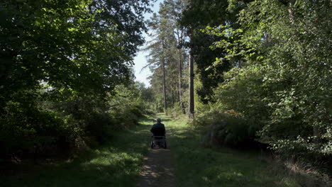 A-lady-using-a-wheelchair-enjoys-a-ramble-through-woodland-on-a-specially-created-accessible-walkway-that-enables-wheelchair-users-to-enjoy-the-nature-around-them-in-Warwickshire,-England