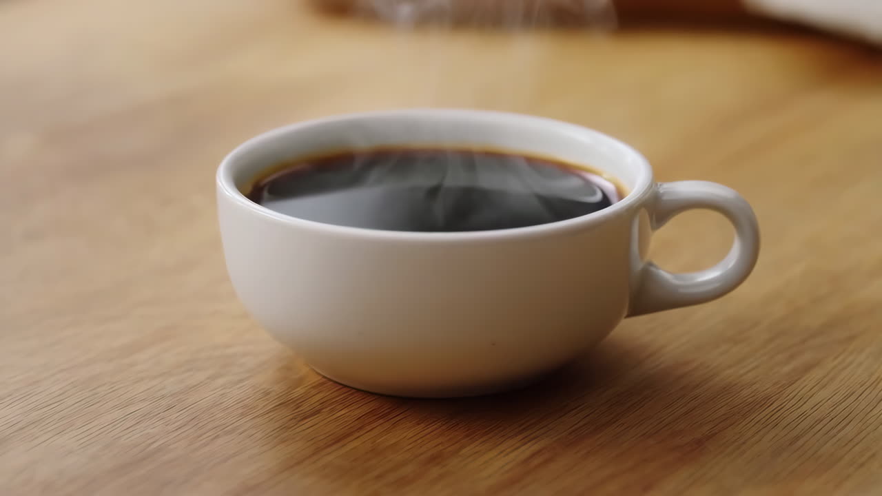 木製のテーブルの上の白いカップから湯気の立つコーヒー、ミニマリストなクローズアップ、豊かなクレマと立ち上る湯気、柔らかな朝の光。