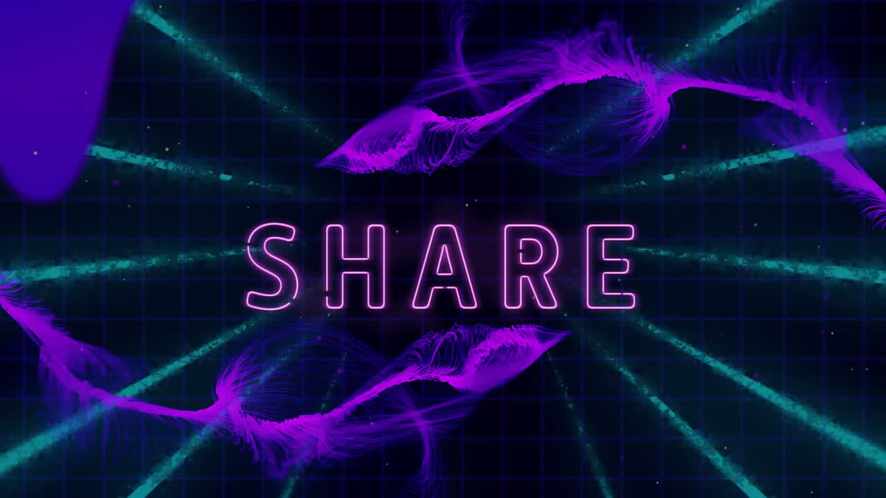 SHARE text animation over purple abstract shapes on dark grid background