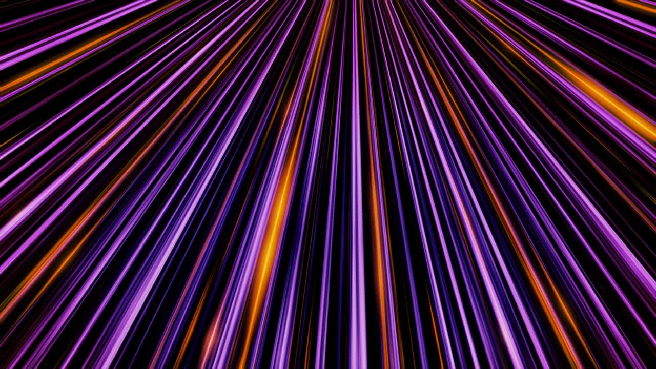 A beautiful straight colorful rays shining and spreading from one point to all the sides on black background, seamless loop. Animation. Purple and orange sunbeams shimmering and glowing