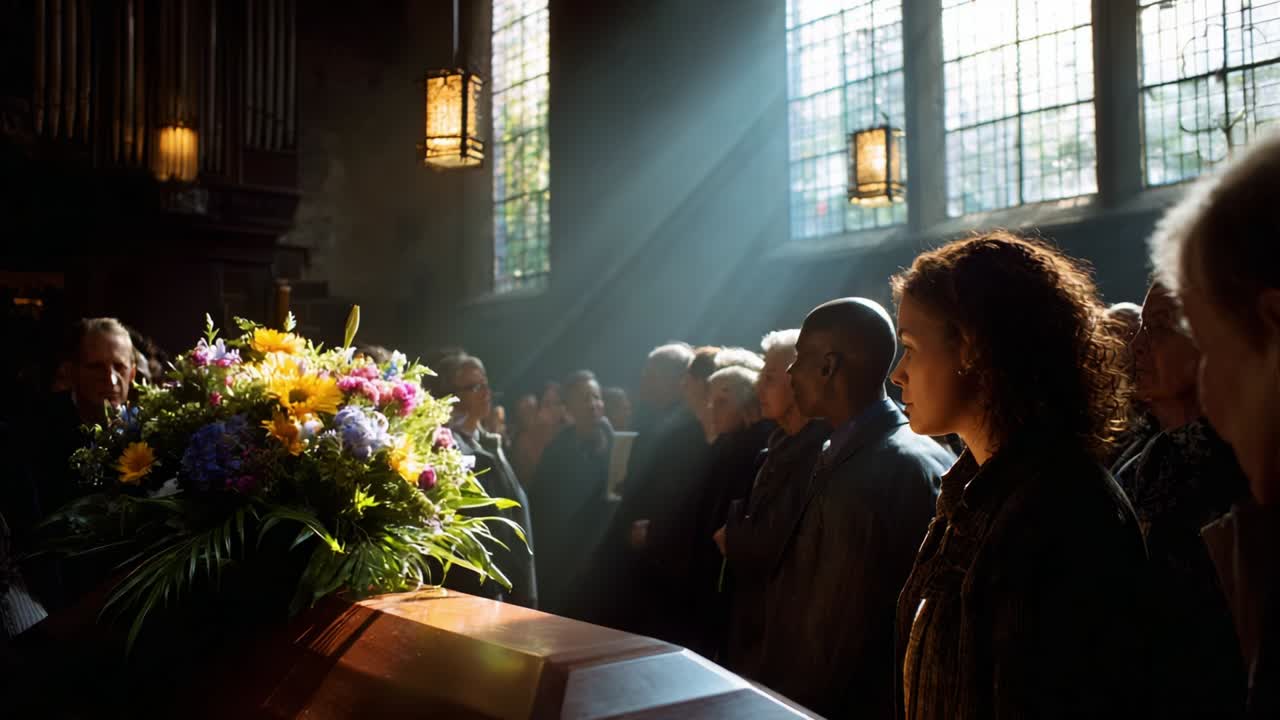 A somber gathering of people paying their respects, illuminated by soft sunlight streaming through stained glass windows, highlighting their expressions of grief and remembrance at a memorial service