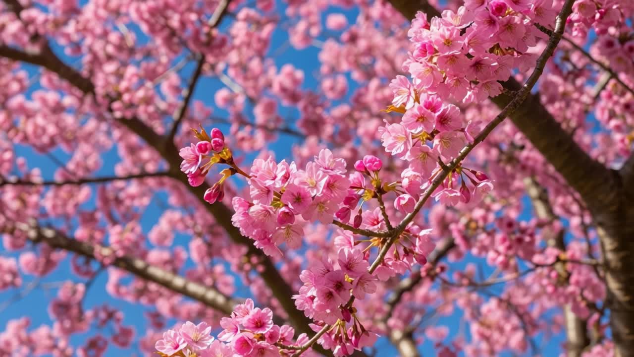 Close-up of vibrant pink cherry blossoms against a clear blue sky