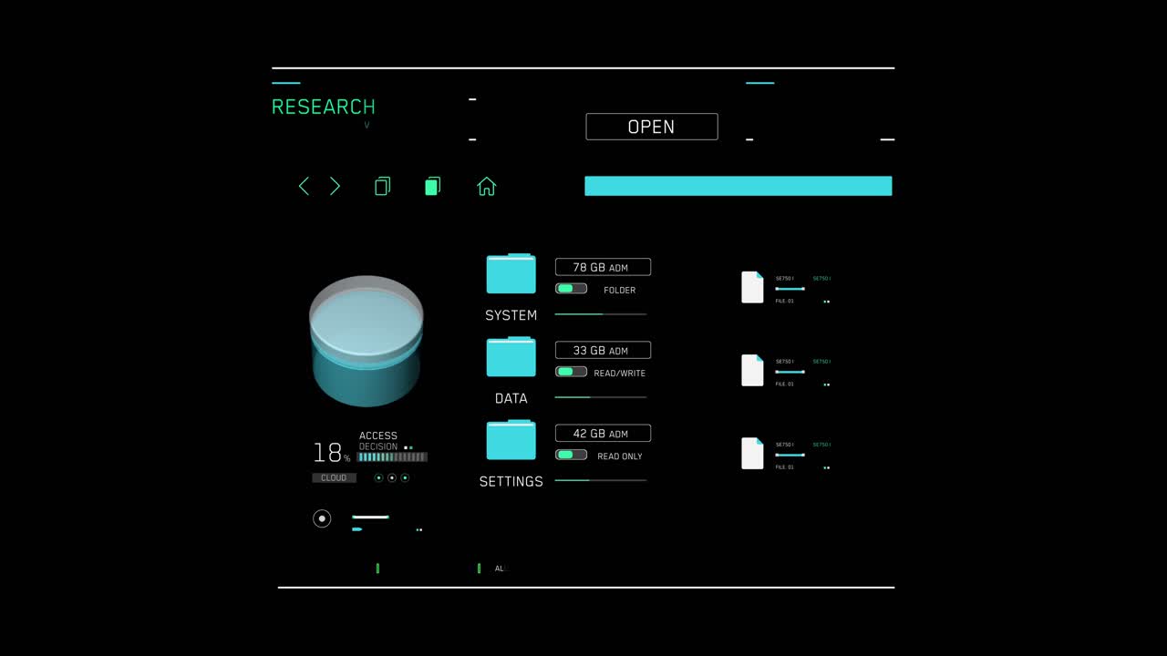 Animated futuristic user interface showing a file and data management system with folder access and loading animations. Tech HUD overlay for data concepts
