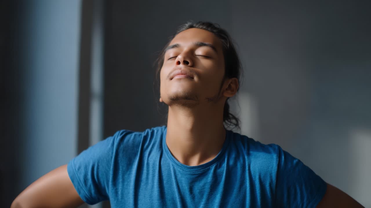 Un momento calmo e sereno di riflessione: Un giovane prova un senso di pace e appagamento in un tranquillo ambiente interno
