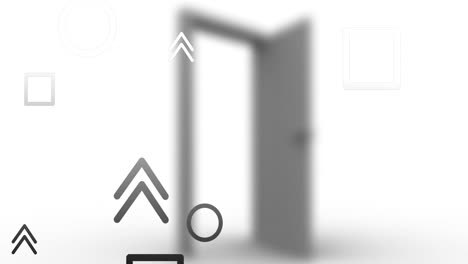 Animation-of-shapes-floating-over-blurred-doors-on-white-background