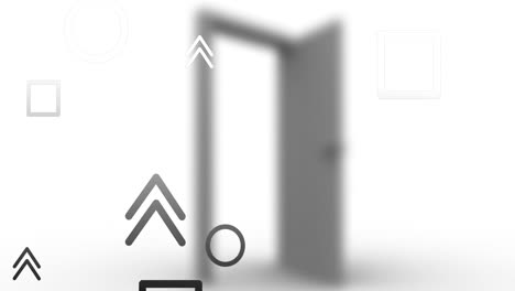 animación de formas flotando sobre puertas borrosas sobre un fondo blanco