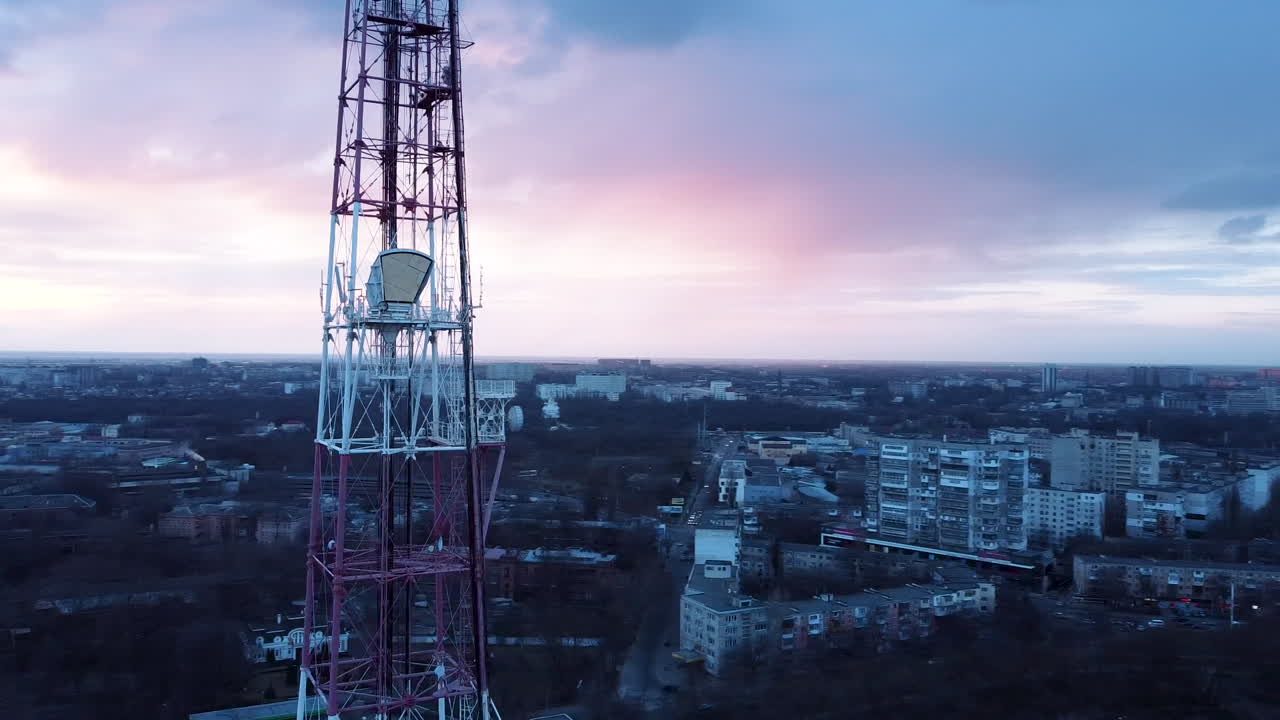 Drone orbiting a telecommunications antenna in the city of Odessa, Ukraine