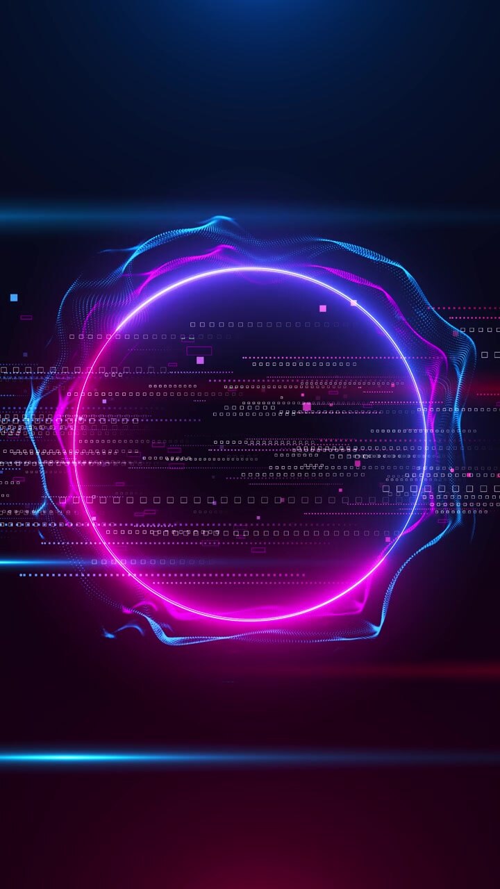 Neon digitale, anello di impulsi di dati, bagliore luminoso magenta-ciano, elementi pixel fluttuanti, tecnologia astratta
