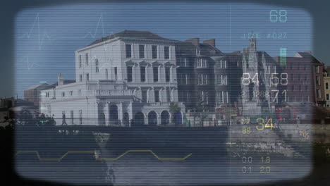 animating digital data and measurements over waterfront buildings