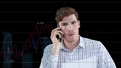 animation of scope scanning and data processing over businessman talking on smartphone